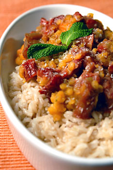 Curried Lentils with Rhubarb and Sweet Potatoes 