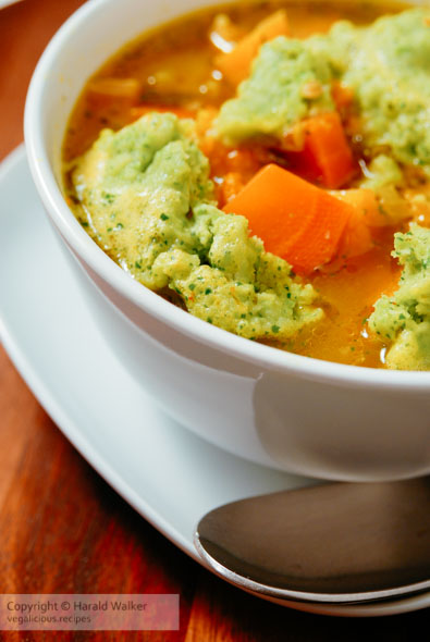 Beta carotene soup with green pea dumplings