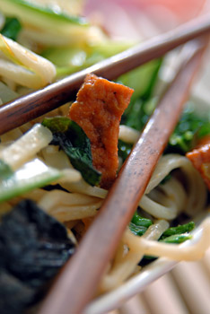 Minty Stir Fried Noodles with Tofu and Greens