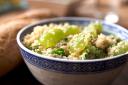 Roasted couscous salald with favas and grapes