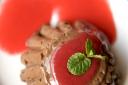 Chocolate rice pudding with rhubarb coulis
