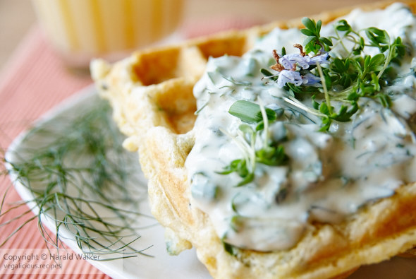 Savory waffles with herbed sauce