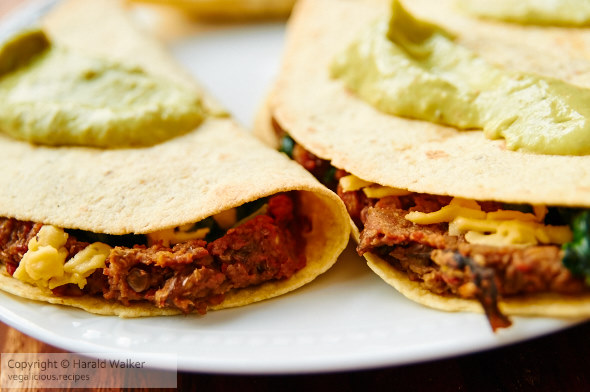 Lentil and Spinach Quesadillias with Avocado Cream