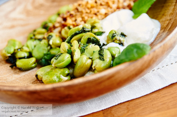 Moroccan style broad bean salad with soy yoghurt and crunchy bits