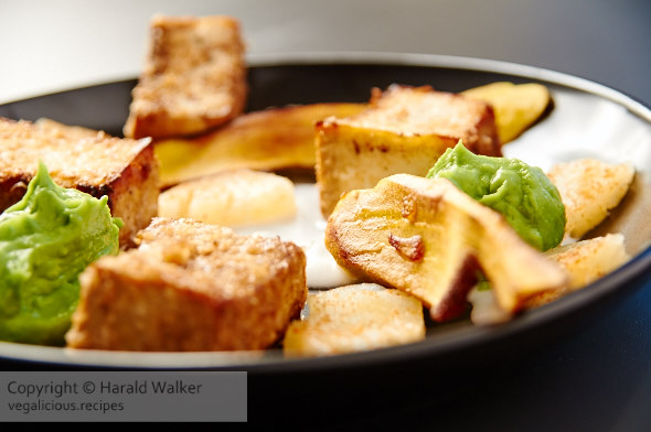 Tofu Medallions with Chili Dusted Pineapple, Avocado Cream and Browned Plantain