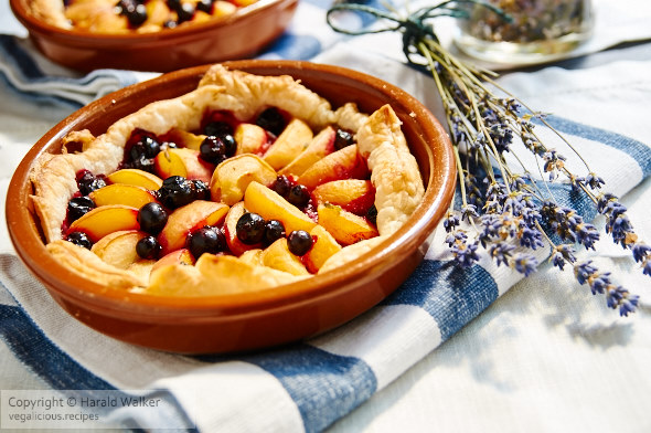 Apricot Almond Tart with Blackcurrants and Lavender Syrup