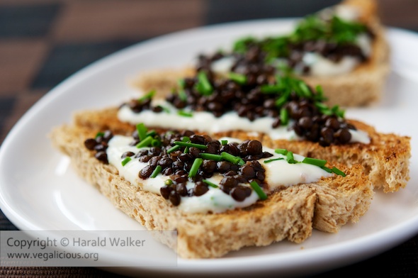 Beluga Lentil Toast Points with Chive and Garlic Soy Yogurt
