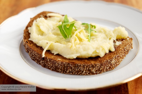 Parsnip Bruschetta with Soy Cheese, Truffle Oil and Rucola