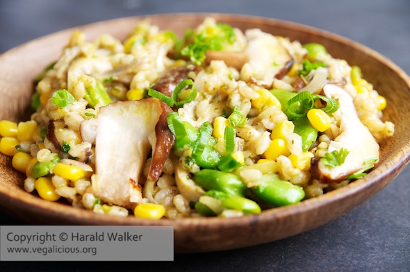 Barley Risotto with Fava Beans, Corn and Mushrooms