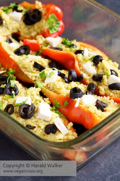 Couscous Filled Peppers with Olives and Vegan Cheese