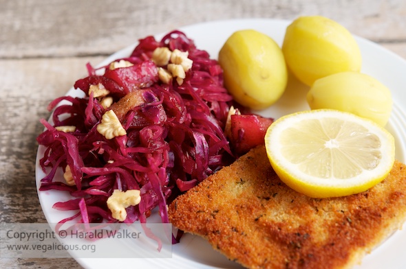 Breaded Tempeh Schnitzel with Braised Red Cabbage and Pears