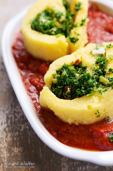 Polenta and Kale Roulade with Tomato Sauce