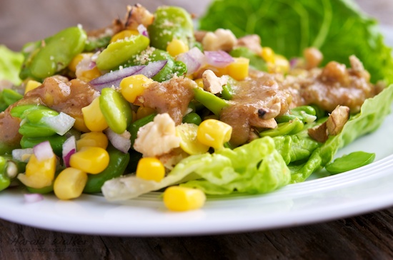 Corn and Fava Bean Salad with Walnut-Miso Dressing