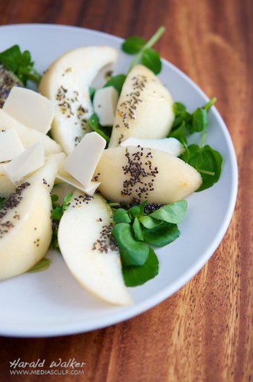Pears on Watercress and Soy Cheese with Poppy seed Dressing