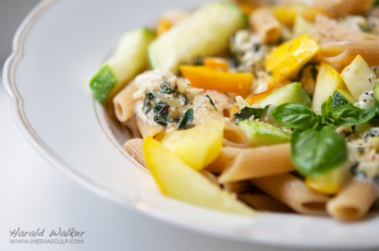 Yellow and Green Zucchini on Penne with Herbed Soy Cream Sauce