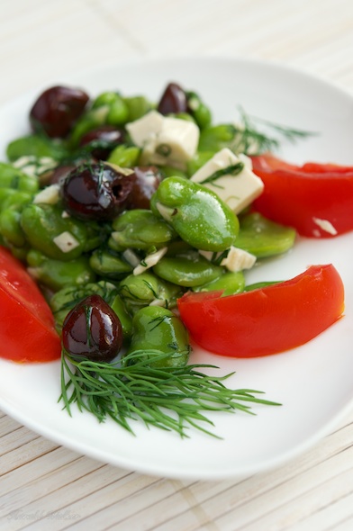 Fava Bean Salad with Black Olives, Tomatoes and Soy Cheese