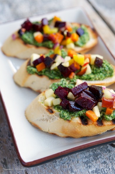 Roasted Fall Veggie Bruschetta with Kale, Sage and Chive Pesto