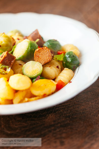 Gnocchi with Brussels Sprouts and Vegan Hot Dog Pieces