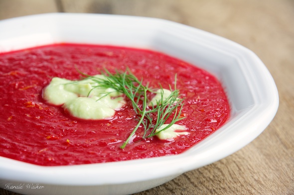 Beet and Pear Soup with Lemon Avocado Cream- Click here to license this photo!