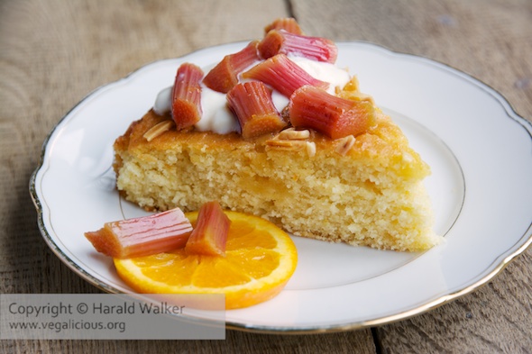 Vegan Orange, Almond Semolina Cake with Baked Rhubarb