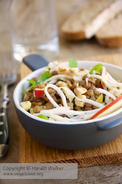 Warm Lentil Salad with Celery Root, Apples and Hazelnuts