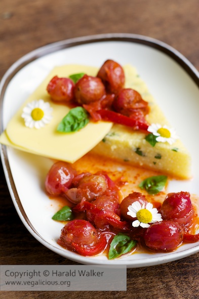Herbed polenta with vegan cheese and a gooseberry-chili relish
