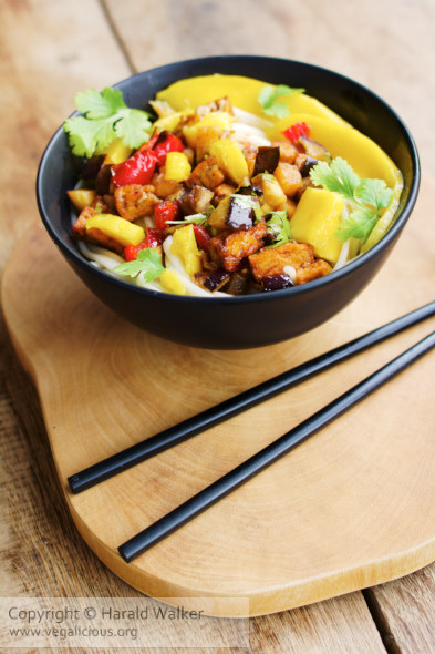 Udon Noodles with Eggplant, Red Bell Pepper and Mango