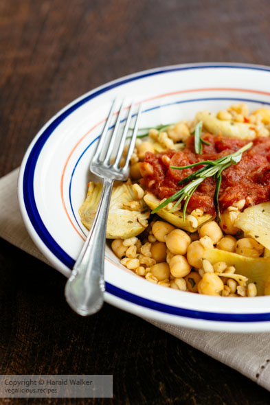 Farro with Chickpeas and Artichokes with Tomato Sauce