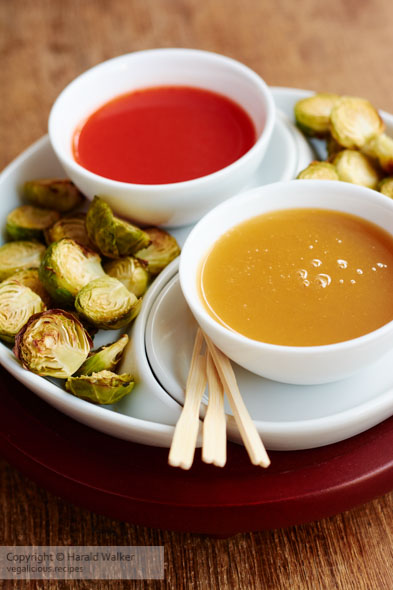 Roasted Brussels Sprouts with Salted Caramel Dip and Sweet Chili Sauce