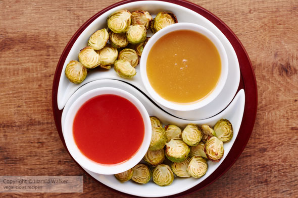Roasted Brussels Sprouts with Salted Caramel Dip and Sweet Chili Sauce