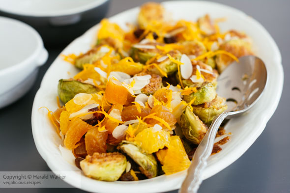 Roasted Brussels Sprouts with Maple Mustard Sauce, Apricots, Rai