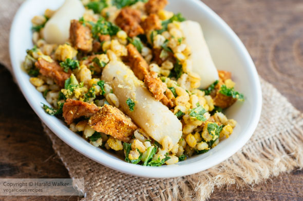 Recipe for Salsify with Pearl Barley, Kale and Spicy Tofu Pieces
