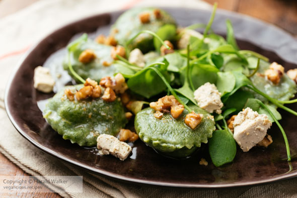 Vegan Winter Squash Filled Spinach Ravioli with Walnuts and Feta